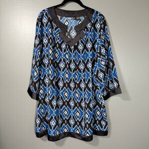 Maggie Barnes Blue & Black Ikat Kaftan Style Tunic Top - 3X - Women's Plus Size